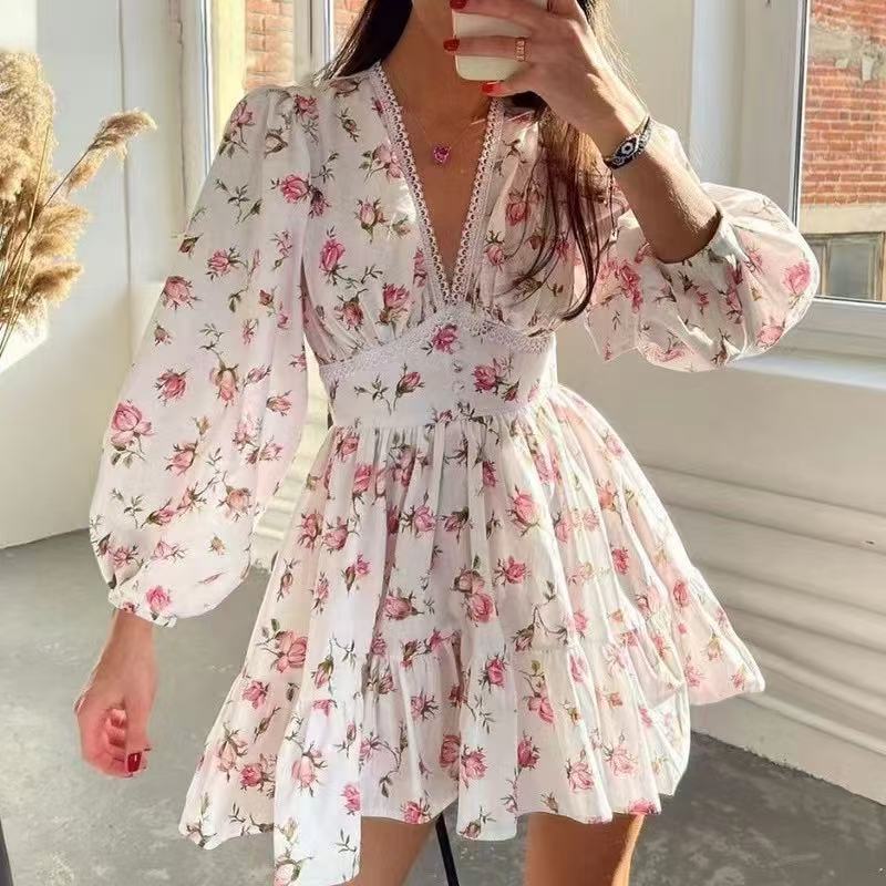 Damen Boho-florales Minikleid mit V-Ausschnitt und Puffärmeln Shop Nory