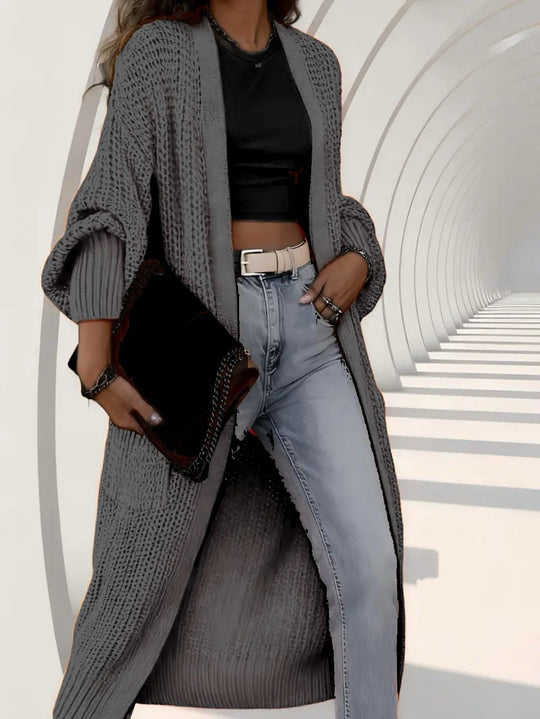 Damen Langer Offener Grobstrick-Mantelcardigan mit Flechtstruktur und überschnittener Schulter Shop Nory