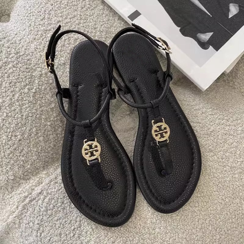 Damen elegante flache Riemchen-Sandalen mit Zehensteg und goldener Zierapplikation Shop Nory