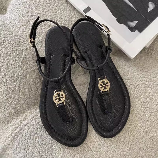 Damen elegante flache Riemchen-Sandalen mit Zehensteg und goldener Zierapplikation Shop Nory