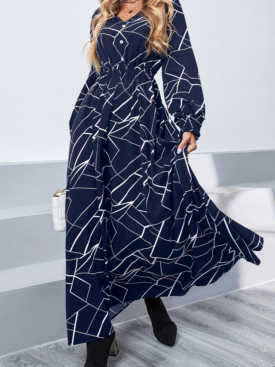 Damen Maxikleid mit geometrischem Muster und V-Ausschnitt Shopnory