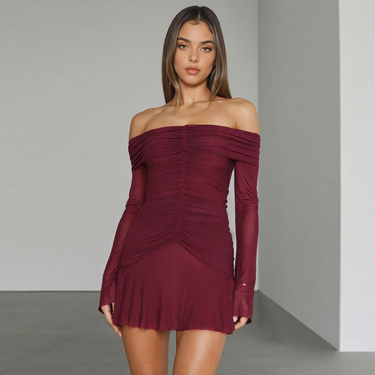 Damen Off-Shoulder Skaterkleid mit geraffter Vorderpartie und transparenten Mesh-Ärmeln Shop Nory