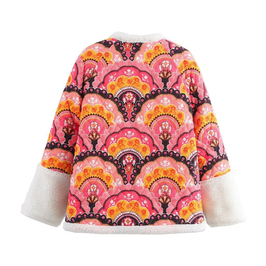 Damen gesteppte Jacke mit Teddyfutter und retro-inspiriertem Allover-Print Shop Nory