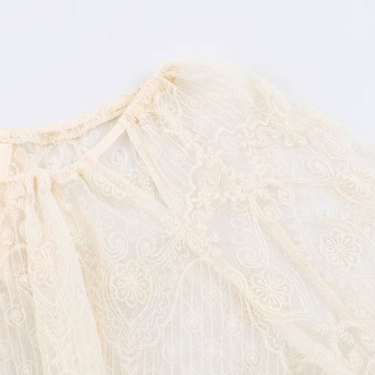 Damen Transparente Spitzenbluse im Peasant‑Stil mit Ballonärmeln Shop Nory