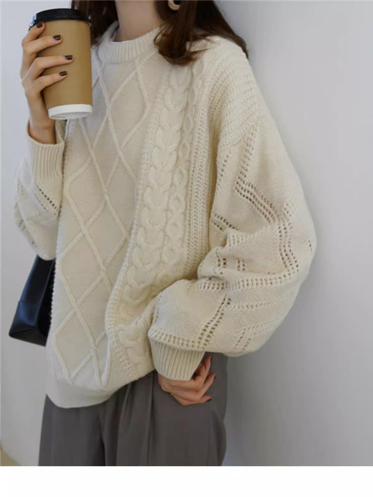 Damen Oversize Zopfmuster-Strickpullover mit Ajour‑Details und geripptem Saum Shop Nory