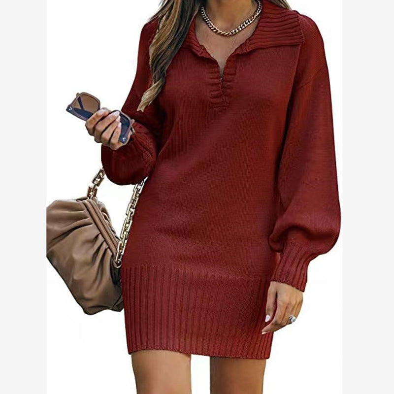 Damen nan schulterfreies Strickminikleid mit weitem V-Ausschnitt und Rippbund Shop Nory