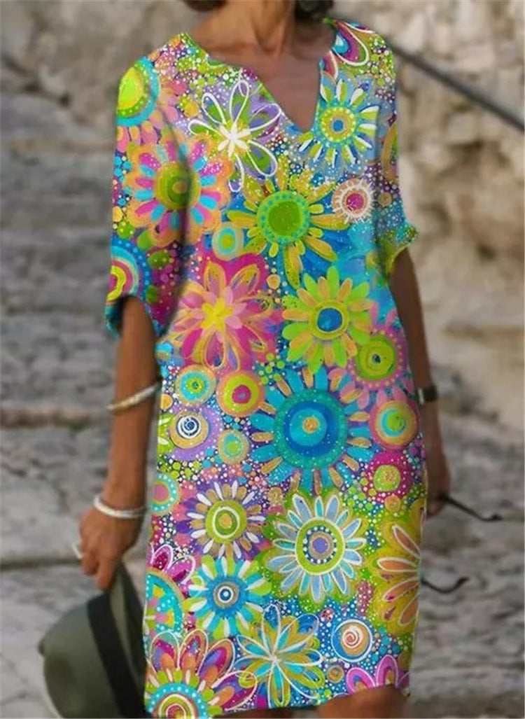 Damen lässiges Freizeitkleid mit floralen Mustern und V-Ausschnitt Shopnory