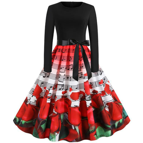 Damen tailliertes A-Linien Kleid mit Noten- und Rosenprint Langarm und Taillenschleife Shop Nory