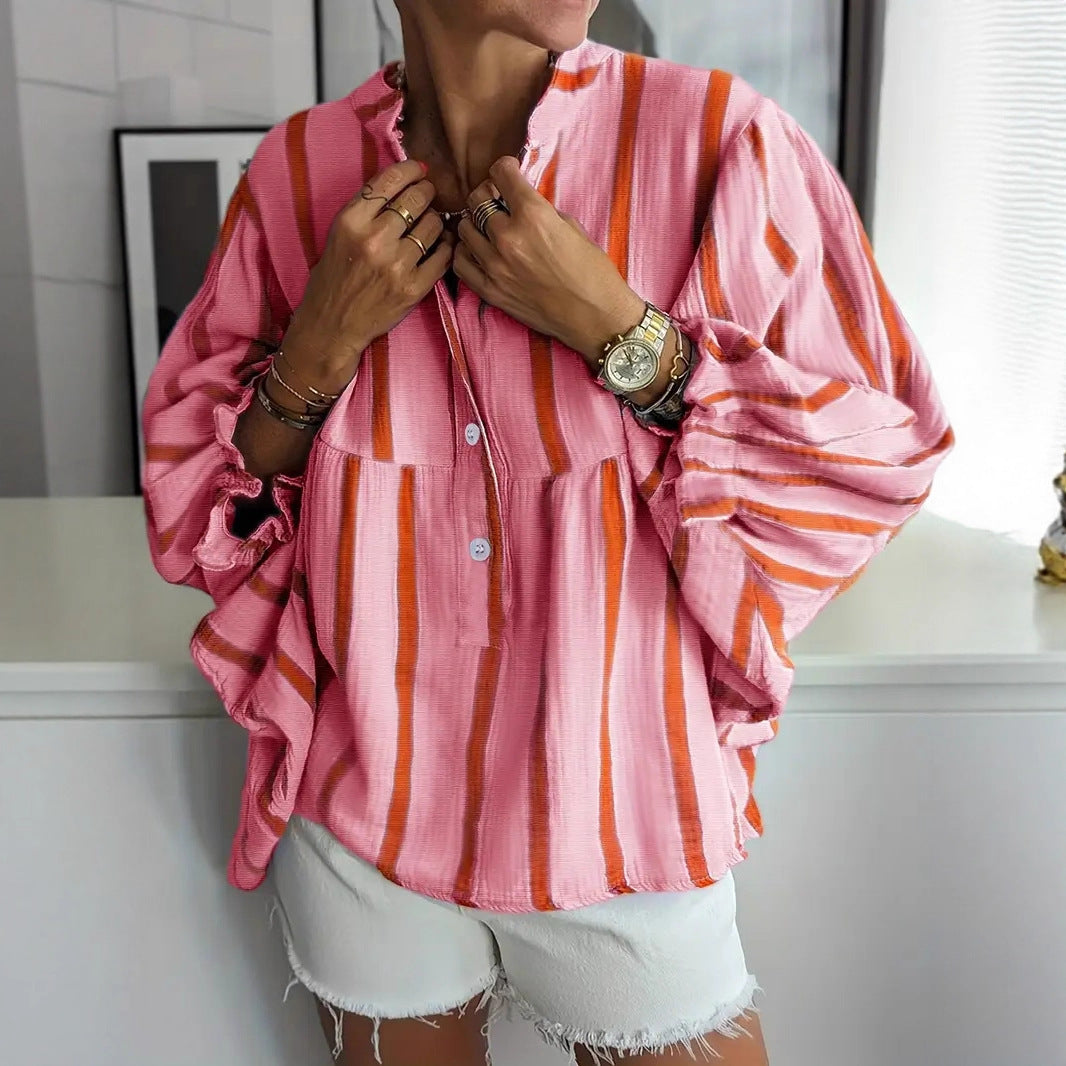 Damen Lässige gestreifte Bluse mit weiten Ärmeln und Knopfleiste Shopnory