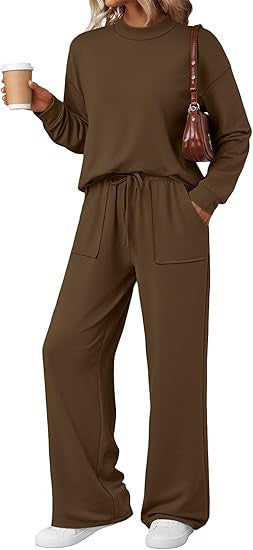 Damen Loungewear-Zweiteiler aus weichem Jersey mit Rundhalsausschnitt und weitem Kordelzug-Hose Shop Nory