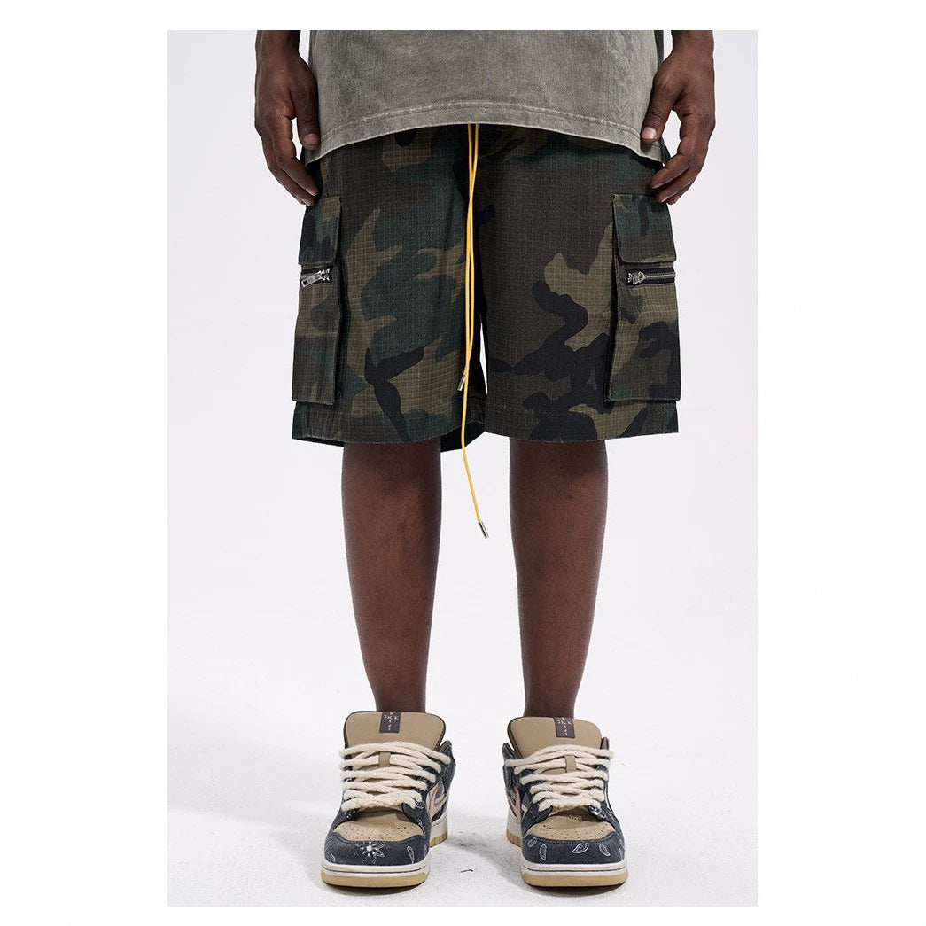 Herren nan Cargo-Shorts im Camouflage-Ripstop mit Elastikbund, Tunnelzug und Reißverschlusstaschen