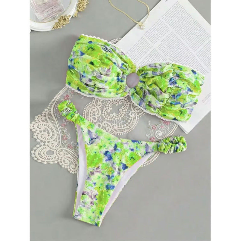 Damen Bandeau-Bikini mit romantischem Rüschendesign und verführerischem Blumenmuster