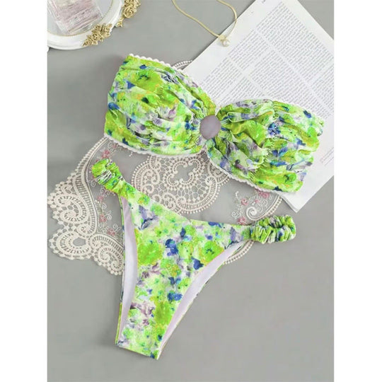 Damen Bandeau-Bikini mit romantischem Rüschendesign und verführerischem Blumenmuster
