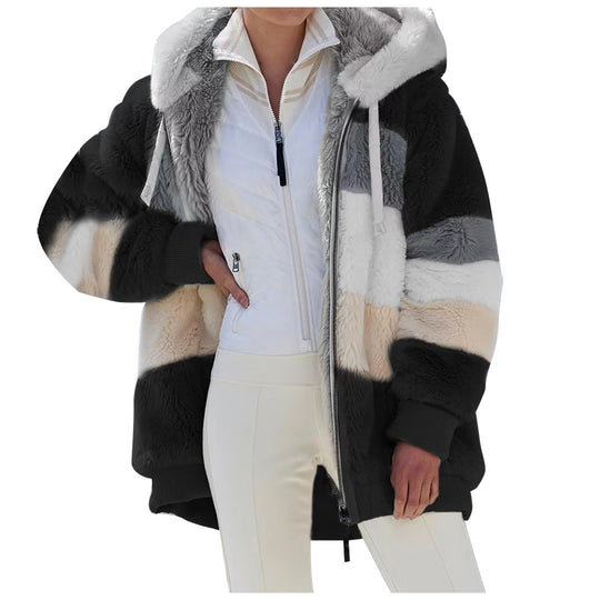 Damen nan oversized Kunstfelljacke mit Kapuze, Blockstreifen-Optik und zweifachem Reißverschluss Shop Nory
