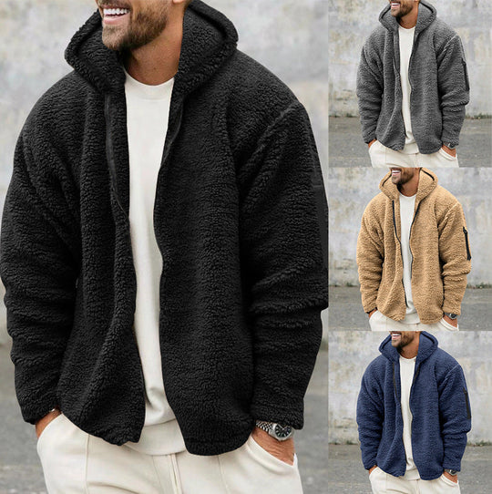 Herren nan Sherpa-Fleece Kapuzenjacke mit durchgehendem Reißverschluss und Ärmel-Tasche