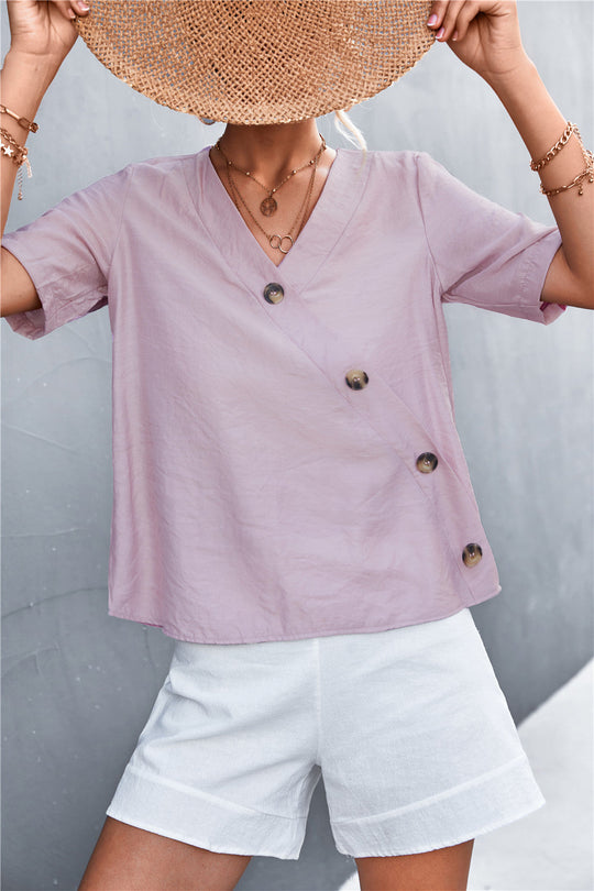 Damen lässige Bluse mit Wickeloptik und Knopfdetails