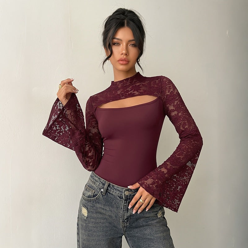 Damen Spitzen-Bodysuit mit Cut-Out, Carmen‑Optik und ausgestellten Trompetenärmeln Shop Nory