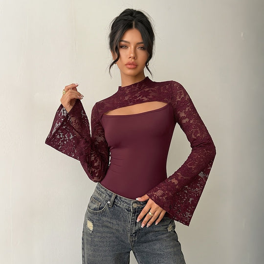 Damen Spitzen-Bodysuit mit Cut-Out, Carmen‑Optik und ausgestellten Trompetenärmeln Shop Nory