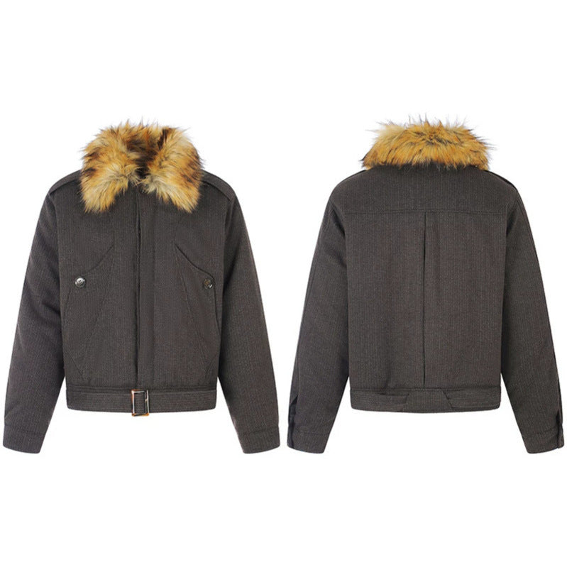Damen kurz geschnittene wattierte Bomberjacke mit voluminösem Kunstpelzkragen und Taillengürtel Shop Nory
