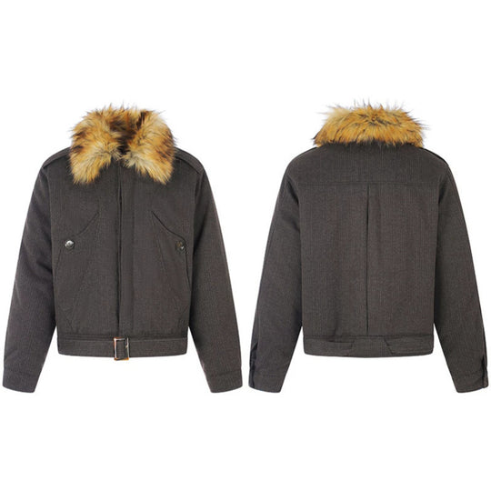 Damen kurz geschnittene wattierte Bomberjacke mit voluminösem Kunstpelzkragen und Taillengürtel Shop Nory