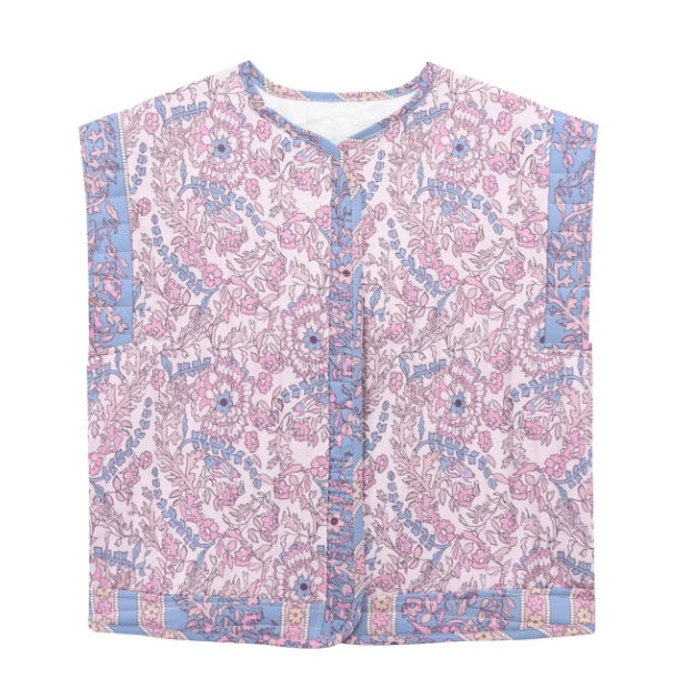 Damen Gesteppte Weste mit Floralem Design und Praktischen Taschen