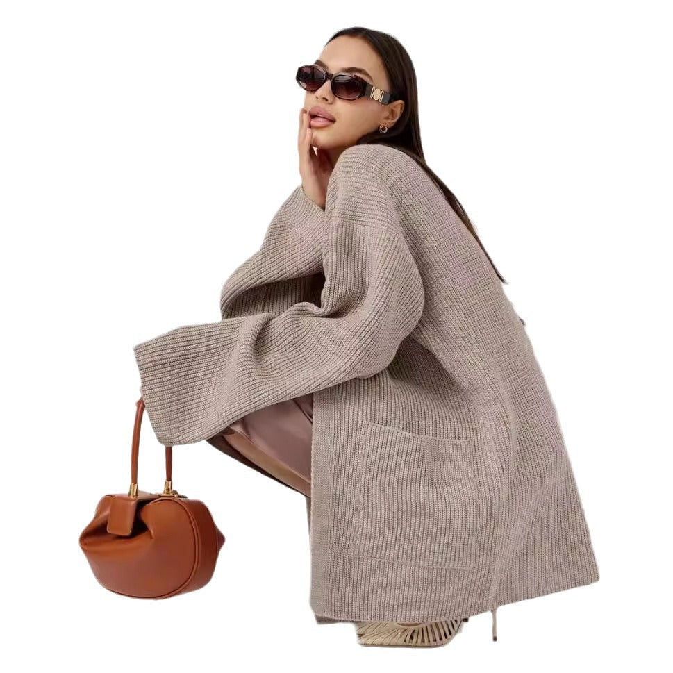 Damen kuscheliger langer Strickcardigan mit weiten Ärmeln und praktischen Taschen Shopnory