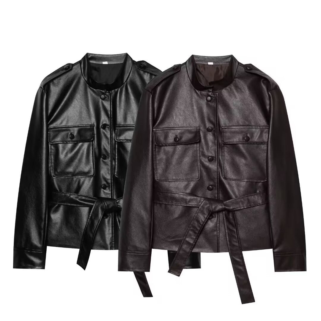 Damen Cropped Safari‑Jacke aus veganem Leder mit Bindegürtel und Epauletten Shop Nory