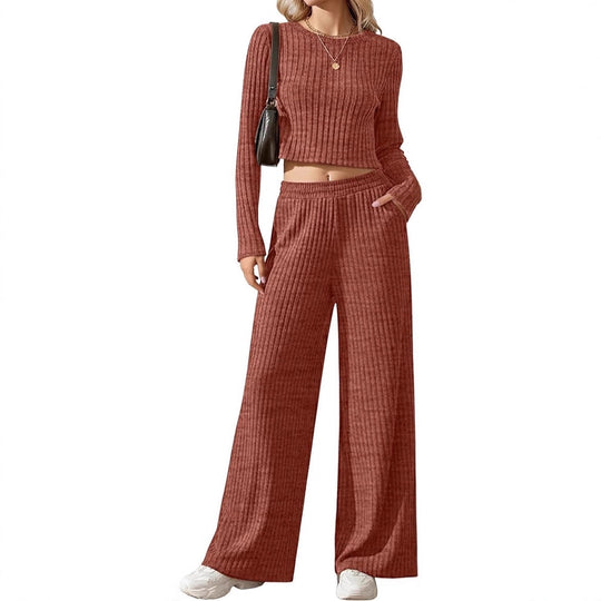 Damen Geripptes Feinstrick-Lounge-Set mit Cropped Langarmtop und High-Waist Palazzohose Shop Nory