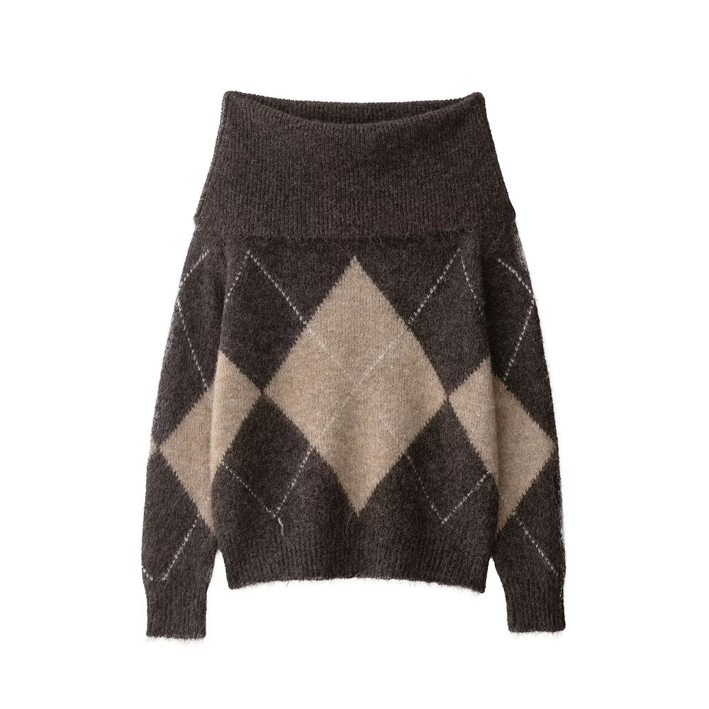 Damen Oversized Strickpullover mit Rollkragen und Rautenmuster Shop Nory