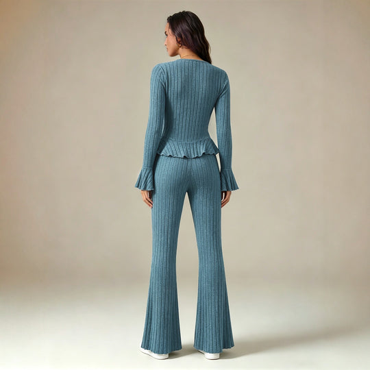 Damen feinstrukturiertes Rippstrick-Set mit tailliertem Knopfcardigan, Volant-Taillenpassform und ausgestellter Schlaghose Shop Nory