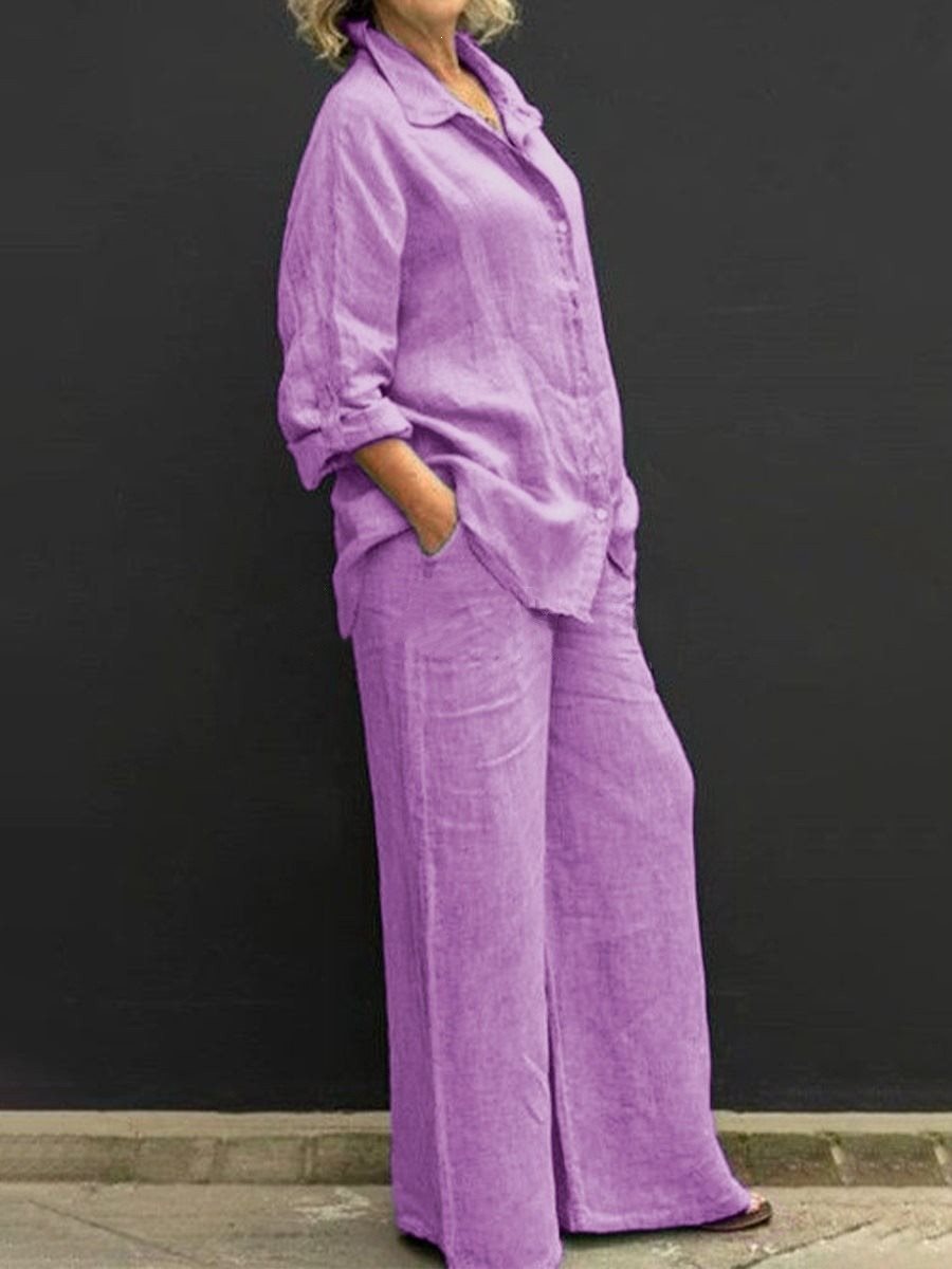 Damen Leichtes Leinen-Loungewear-Set mit Oversized-Hemd und weiter Palazzo-Hose Shop Nory