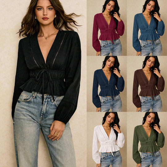 Damen Bluse mit tiefem V‑Ausschnitt, Kordel‑Taillenband und Volant Shop Nory