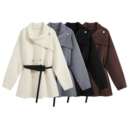 Damen Kurzer Blouson‑Mantel im Cocoon‑Schnitt mit asymmetrischem Schalkragen und Taillengürtel Shop Nory