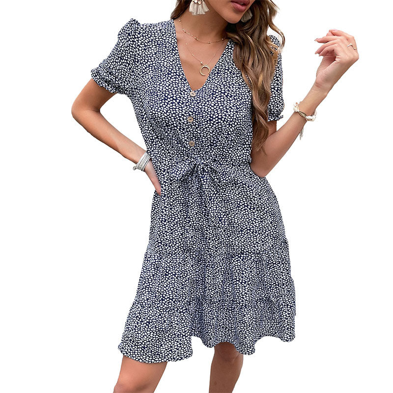 Damen Gestuftes Minikleid mit V-Ausschnitt, Knopfleiste und Kordel-Taille Shop Nory