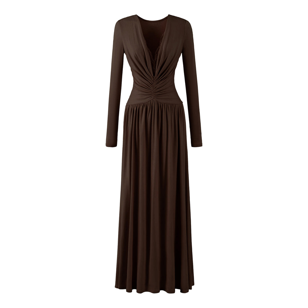 Damen Maxikleid mit gerafftem Wickeloberteil, tiefem V‑Ausschnitt und Spitzenbesatz Shop Nory