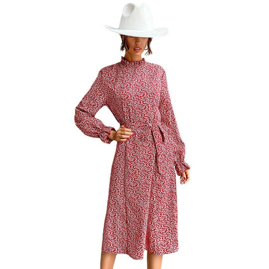 Damen Midikleid mit Stehkragen, Taillengürtel und Volantärmeln Shop Nory