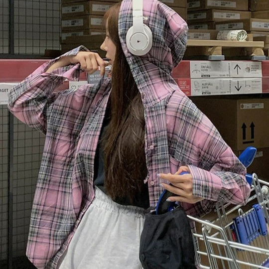 Damen Oversize-Kapuzenhemdjacke aus Flanell mit Druckknopfleiste und überschnittener Schulter Shop Nory
