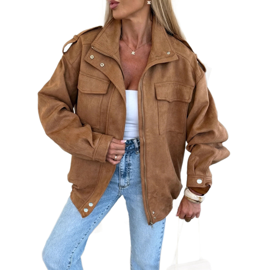 Damen Oversized Jacke in Wildleder-Optik mit Brusttaschen und Epauletten Shop Nory