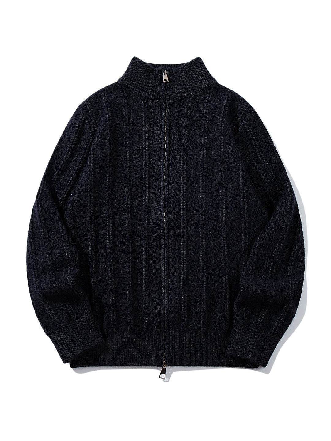Unisex Geraffte Strick-Zipjacke mit hohem Stehkragen und vertikaler Struktur Shop Nory