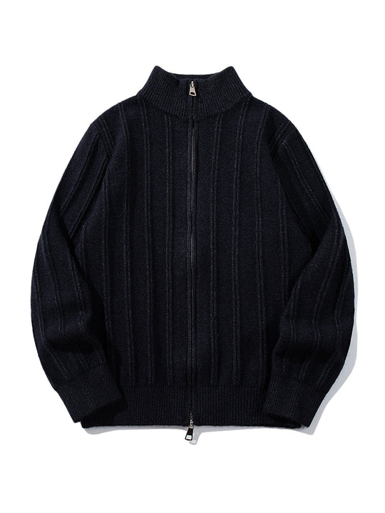 Unisex Geraffte Strick-Zipjacke mit hohem Stehkragen und vertikaler Struktur Shop Nory
