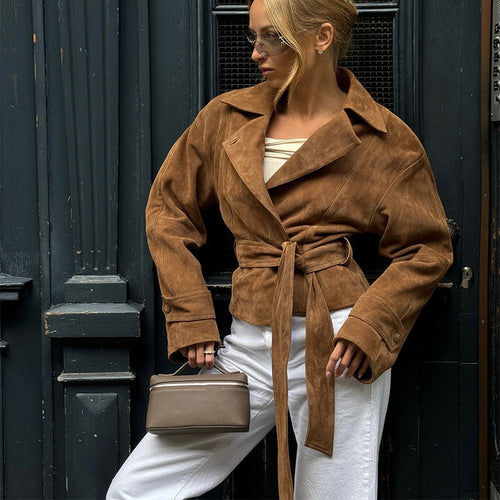 Damen Modische Wildleder-Trenchjacke mit schickem Gürtel