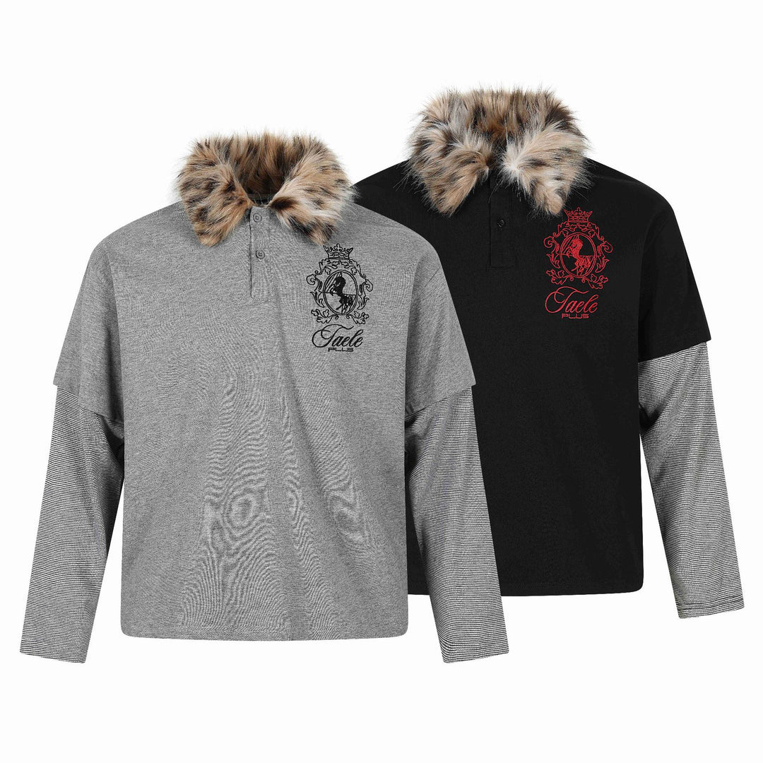 Damen Layered-Optik Langarm-Polo mit Kunstfellkragen und Wappenstickerei Shop Nory