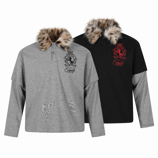 Damen Layered-Optik Langarm-Polo mit Kunstfellkragen und Wappenstickerei Shop Nory