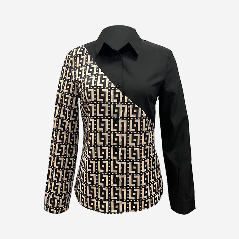 Damen taillierte Hemdbluse mit geometrischem Print und asymmetrischer Kontrastblende Shop Nory