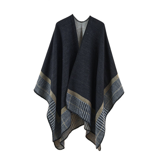 Damen Wollmix-Poncho im asymmetrischen Zipfelschnitt mit eingewebter Karobordüre Shop Nory