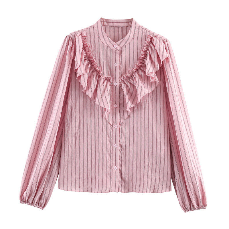 Damen Rüschenbluse mit Stehkragen, feinen Streifen und gerafften Ärmeln Shop Nory