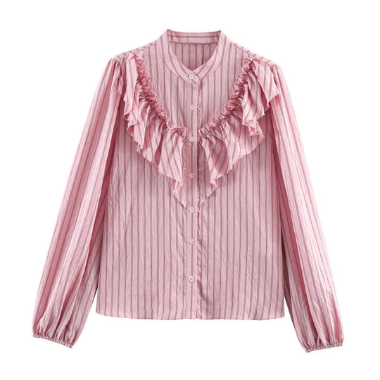Damen Rüschenbluse mit Stehkragen, feinen Streifen und gerafften Ärmeln Shop Nory