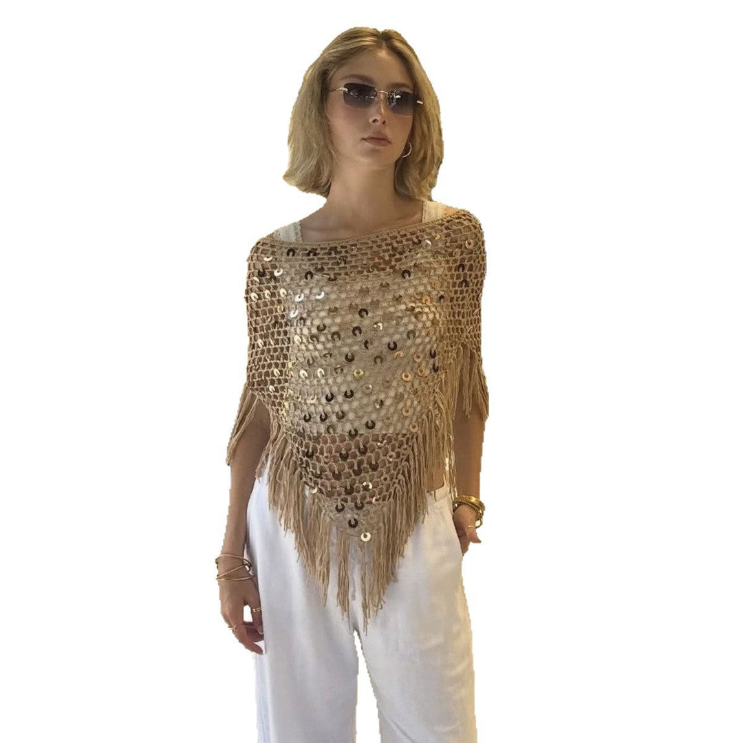 Damen dekorativer Spitzen-Poncho mit eleganten Pailletten und Fransen