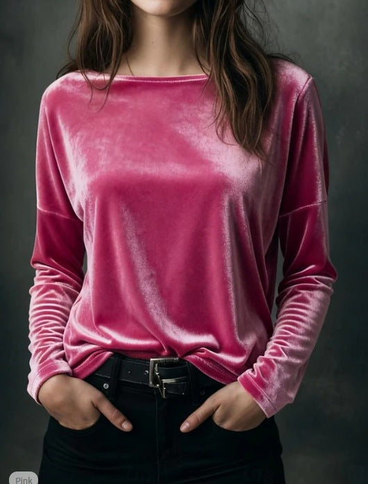Damen Feines Velours-Langarmshirt mit U-Boot-Ausschnitt und kastiger Silhouette Shop Nory
