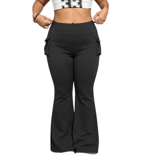 Damen High-Waist Flared-Leggings mit seitlichen Rüschen- und Handytaschen Shopy Nory
